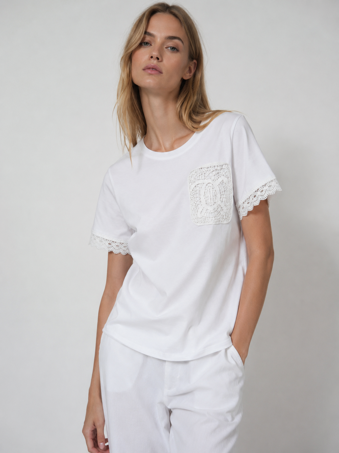 Elegant Tone-on-Tone Lace Applique Pocket Blouse with Crochet Detail Sleeve Trim M-42165