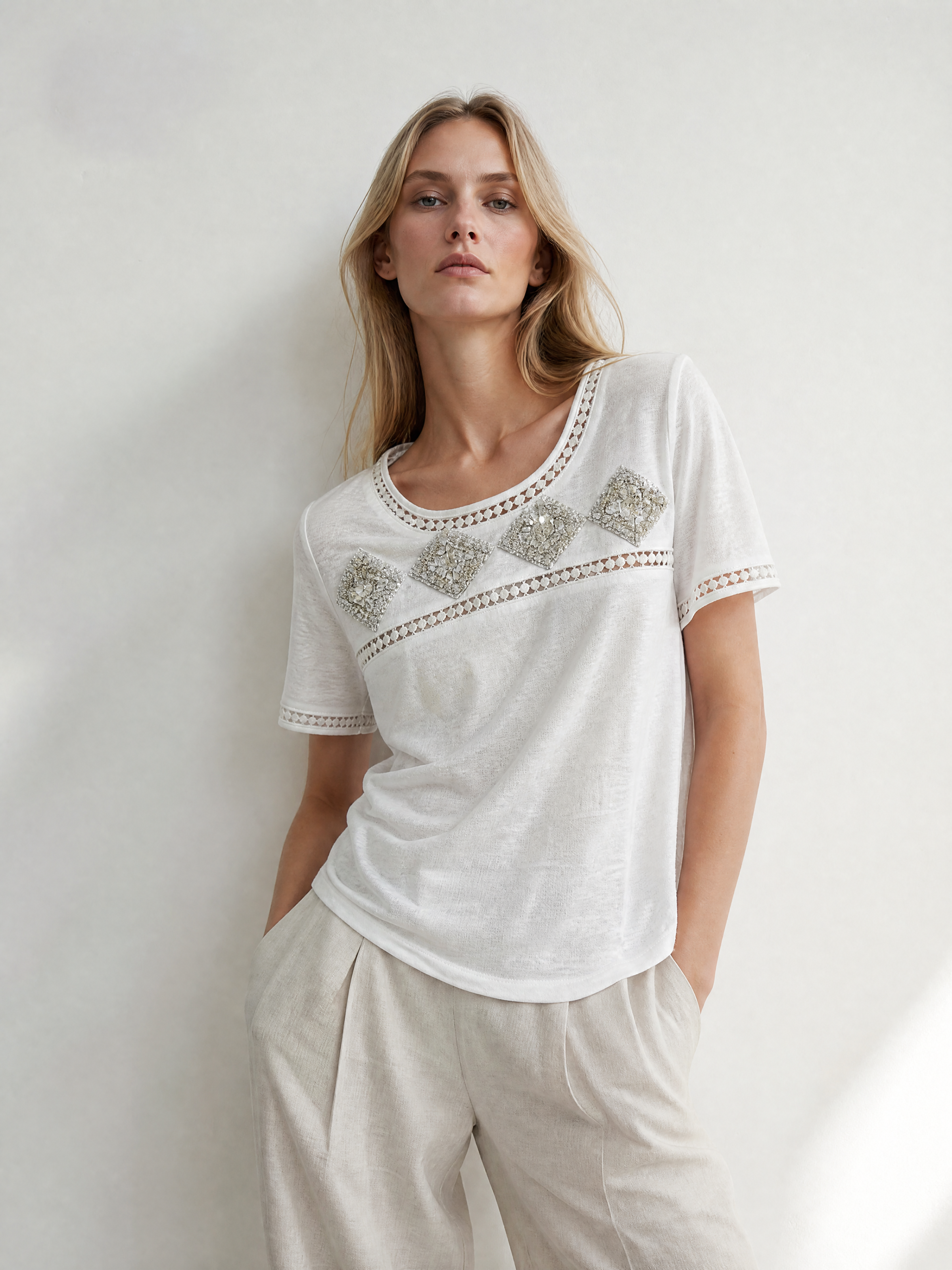 Luxury Embellished Silver Sequin Slub Top Hollow Out Detail Summer Tee M-42175