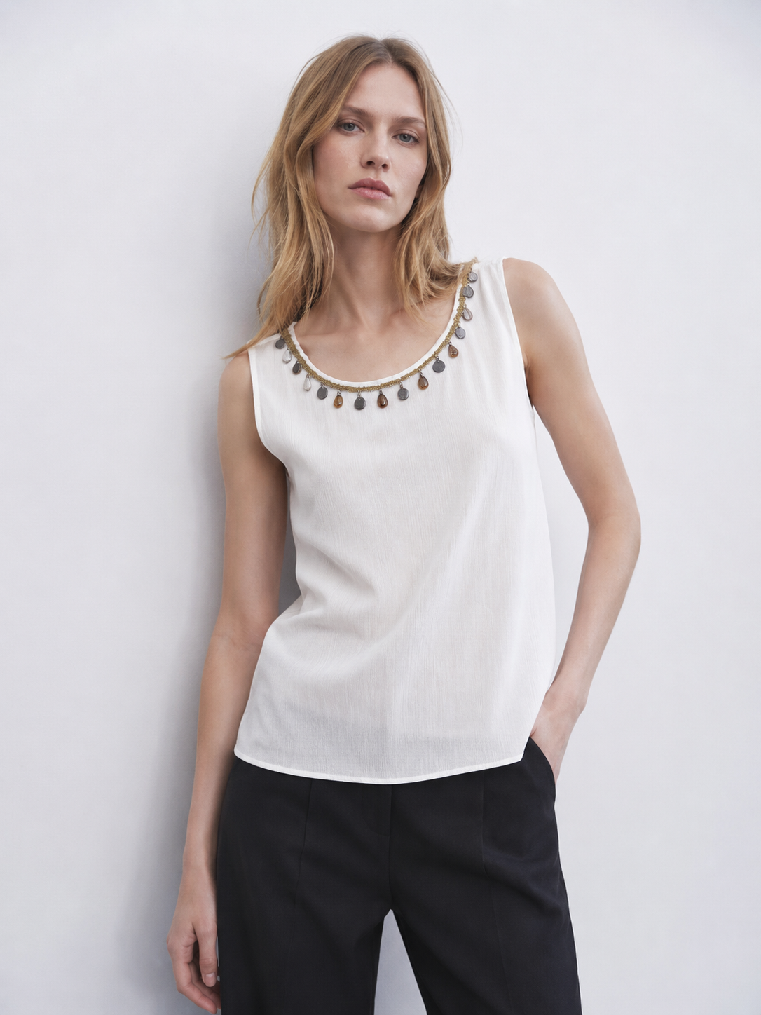 Women's Heavy Embellished Neckline Chiffon Tunic Casual Loose Fit Top M-42214