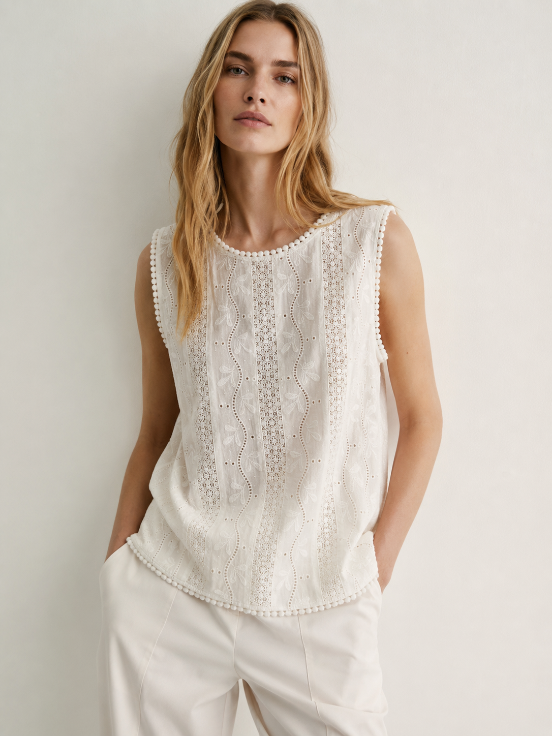 Heavy Lace Insert Sleeveless Top Victorian Inspired White Eyelet Summer Blouse P-27090