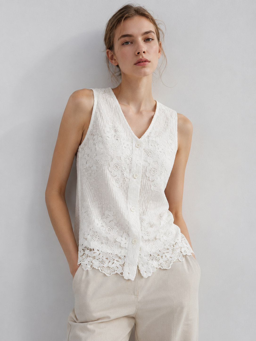 Vintage Inspired Floral Embroidery Lace Top V-Neck Button Front Sleeveless Shirt W-26414