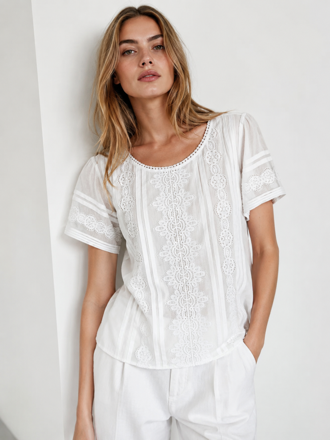 Wholesale Vintage Pin-tuck Lace Blouse Broderie Anglaise Summer Shirt Top W-26558