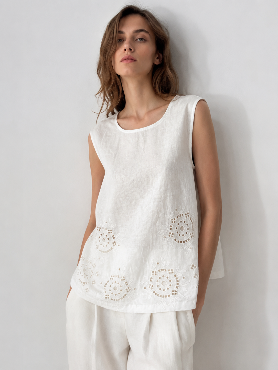 Elegant Eyelet Embroidered Linen Tank Top Sleeveless Loose Fit Summer Blouse XW-42378