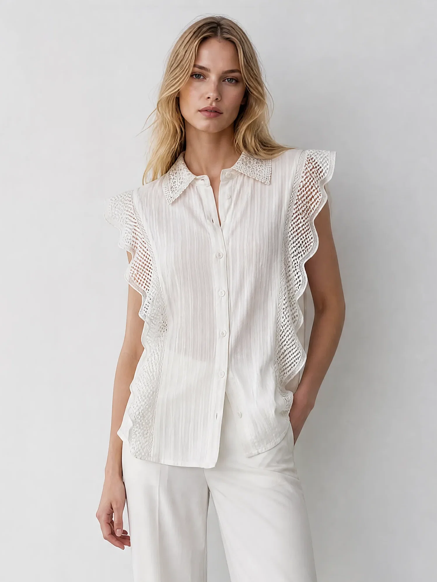 Cottagecore White Eyelet Blouse Delicate Scalloped Ruffle Sleeve Summer Resort Top Y-34752