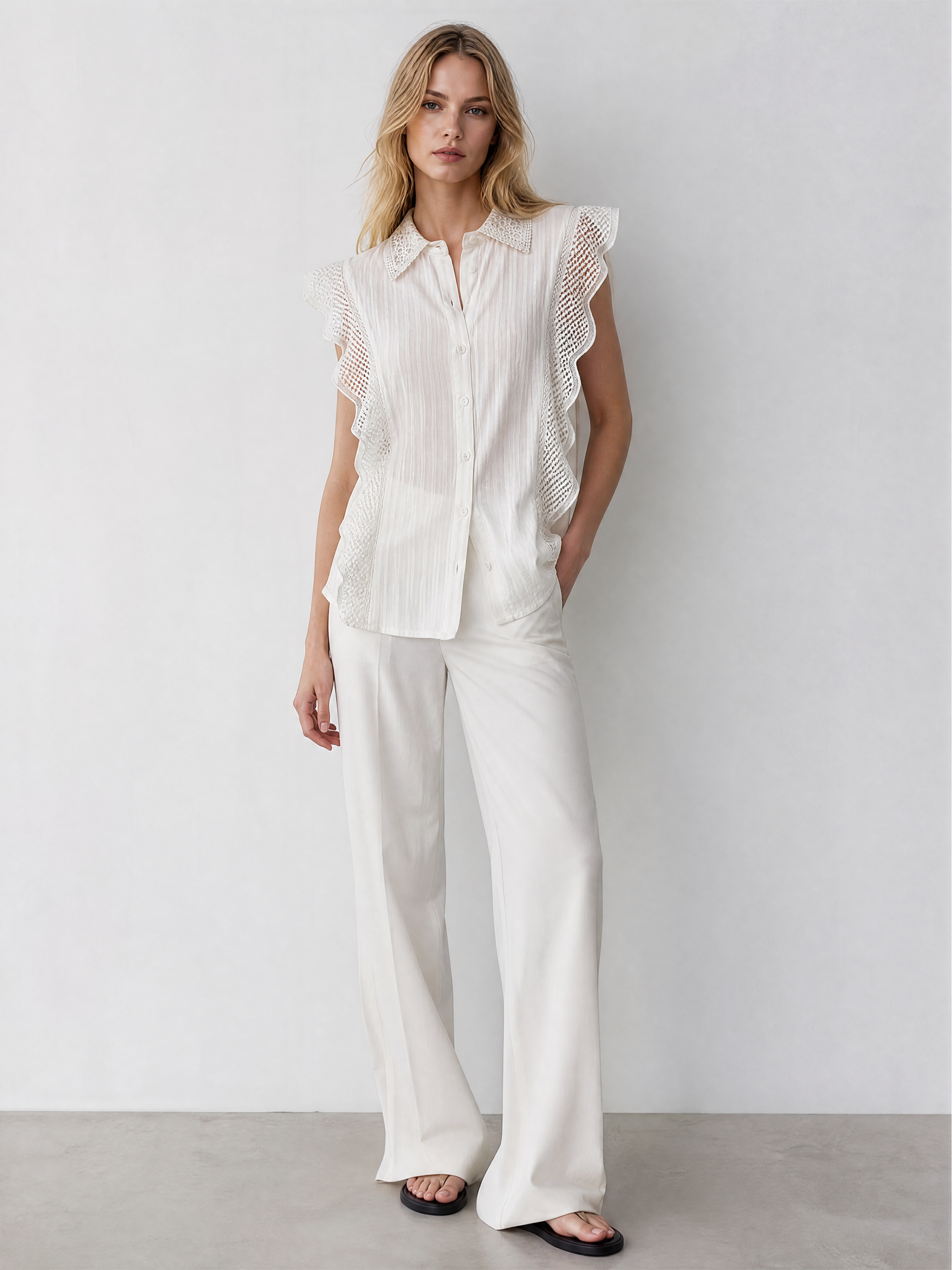Cottagecore White Eyelet Blouse Delicate Scalloped Ruffle Sleeve Summer Resort Top Y-34752
