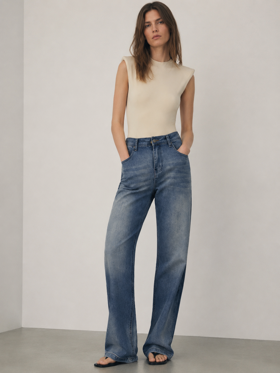 Women's Vintage Wash High Waist Straight Denim Jeans Classic Streetwear Pants ZY5026