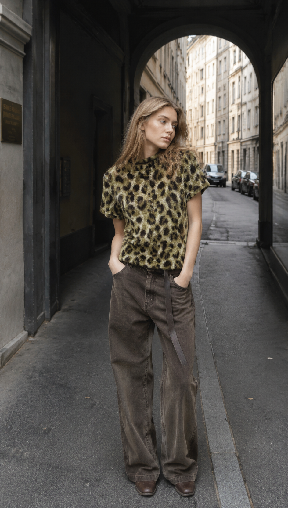 Leopard Print Fitted Top – Soft Stretch Crew Neck Short Sleeve Trendy Women’s T-Shirt AN-121003