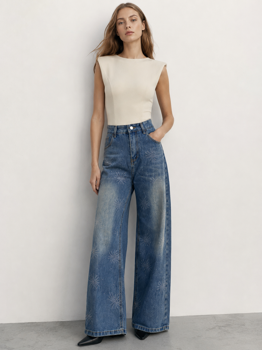 High Waist Rhinestone Star Pattern Wide Leg Jeans Fashion Blue Denim Trousers ZY5103