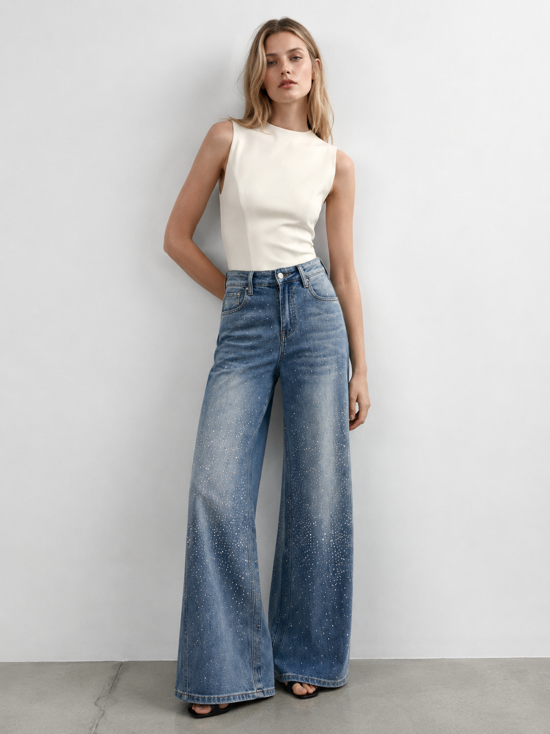 Premium Crystal Embellished Flare Jeans Women High Rise Statement Wash Denim ZY6025
