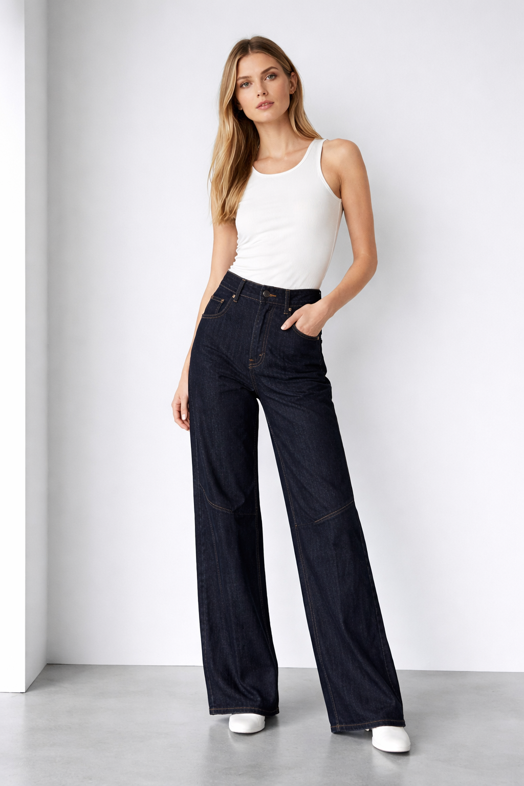 Vintage Dark Wash High Waist Wide Leg Jeans Retro Gold Stitch Denim Pants ZY6027