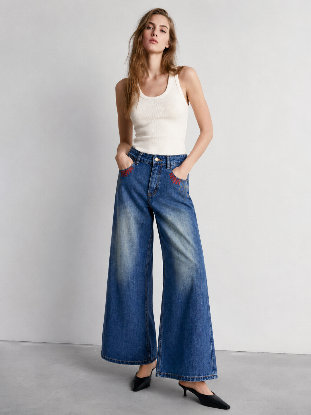 Boho Embroidered High Waist Wide Leg Jeans ZY6032