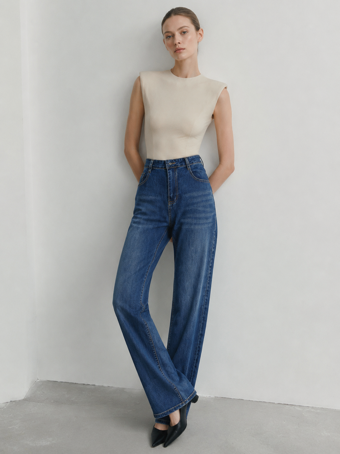 Women's Classic Mid-Blue High Waisted Straight Fit Jeans ZY6063