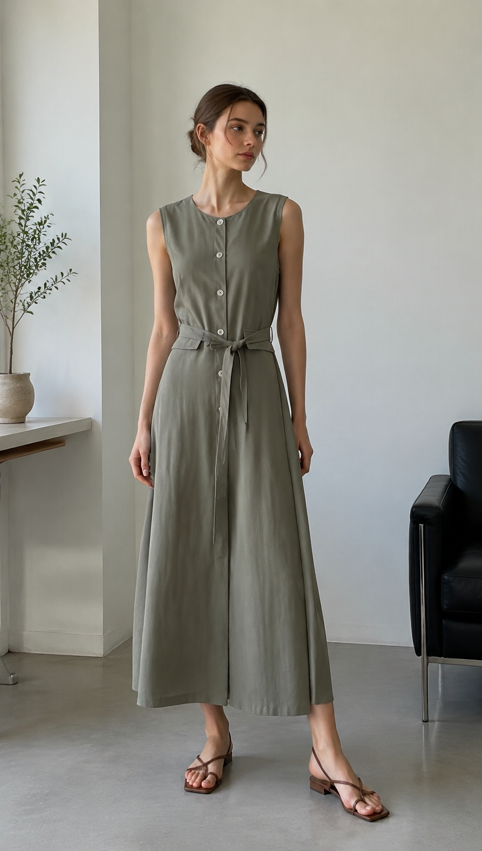 Quiet Luxury Linen Look Sleeveless Button Down Midi Dress with Belt AN-121011
