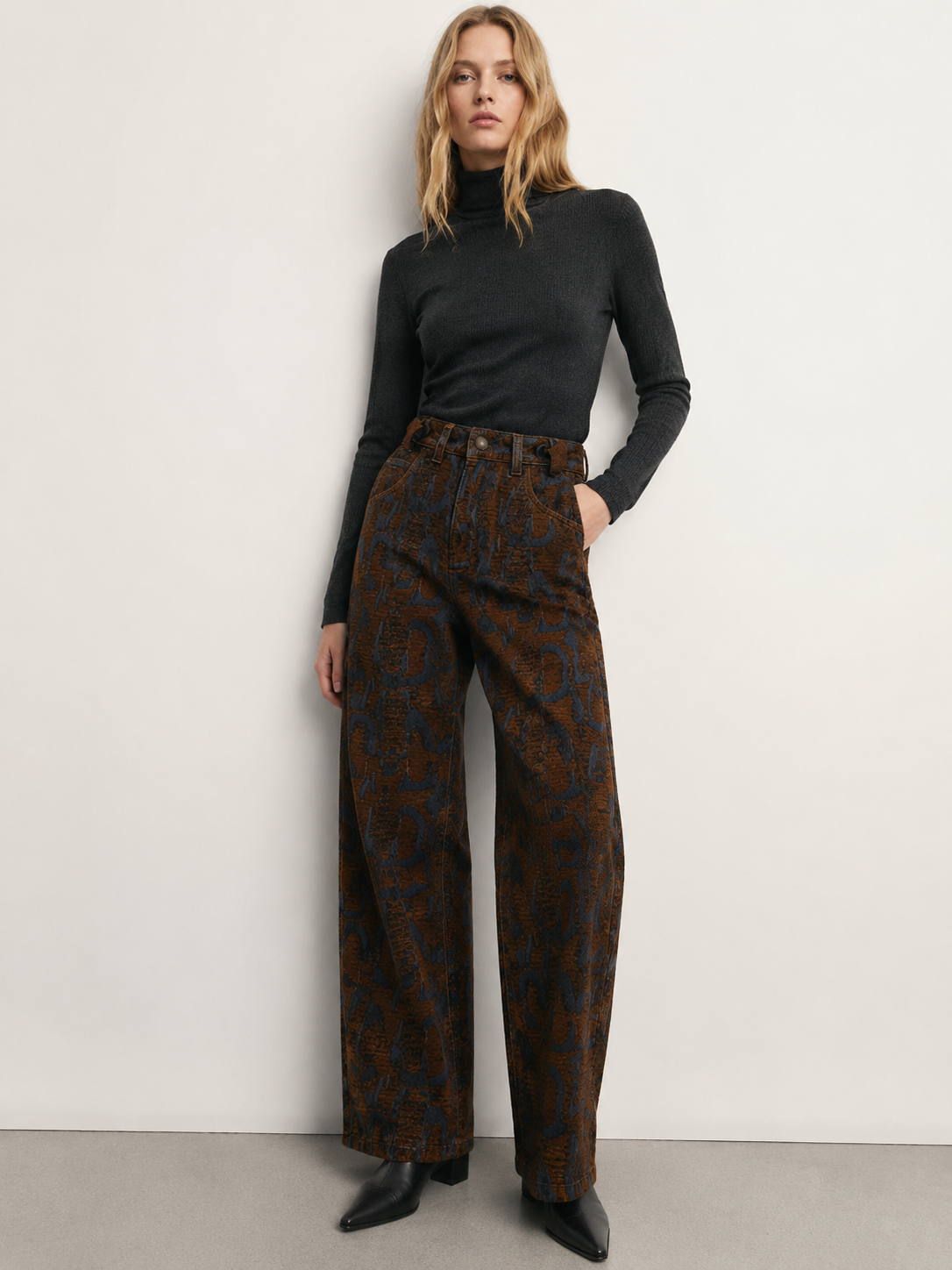 Y2K Streetwear Jacquard Pattern Straight Jeans Women Earth Tone Pants ZY6073