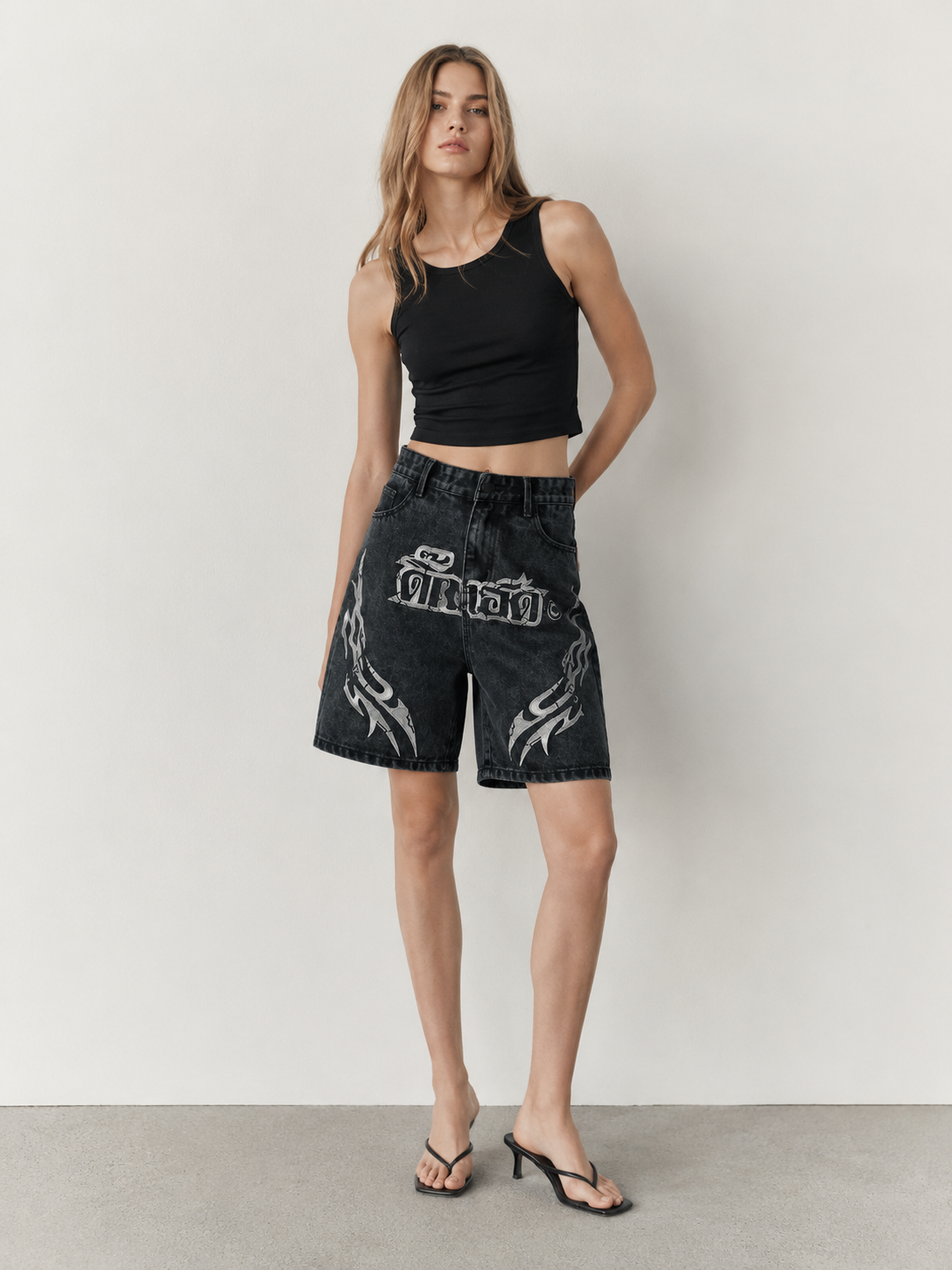 Y2K Streetwear Gothic Letter Embroidery Washed Black Denim Shorts Jorts ZY6079