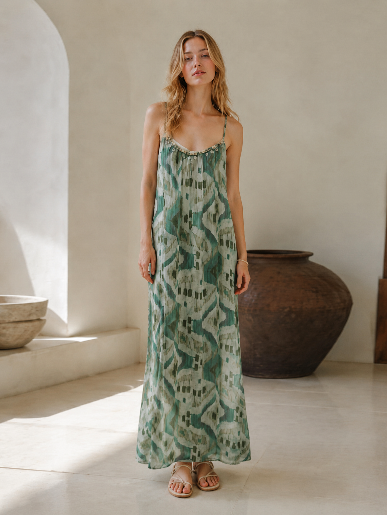 Boho Beaded Neckline Maxi Dress Women Geometric Print Summer Resort Wear AN-121009