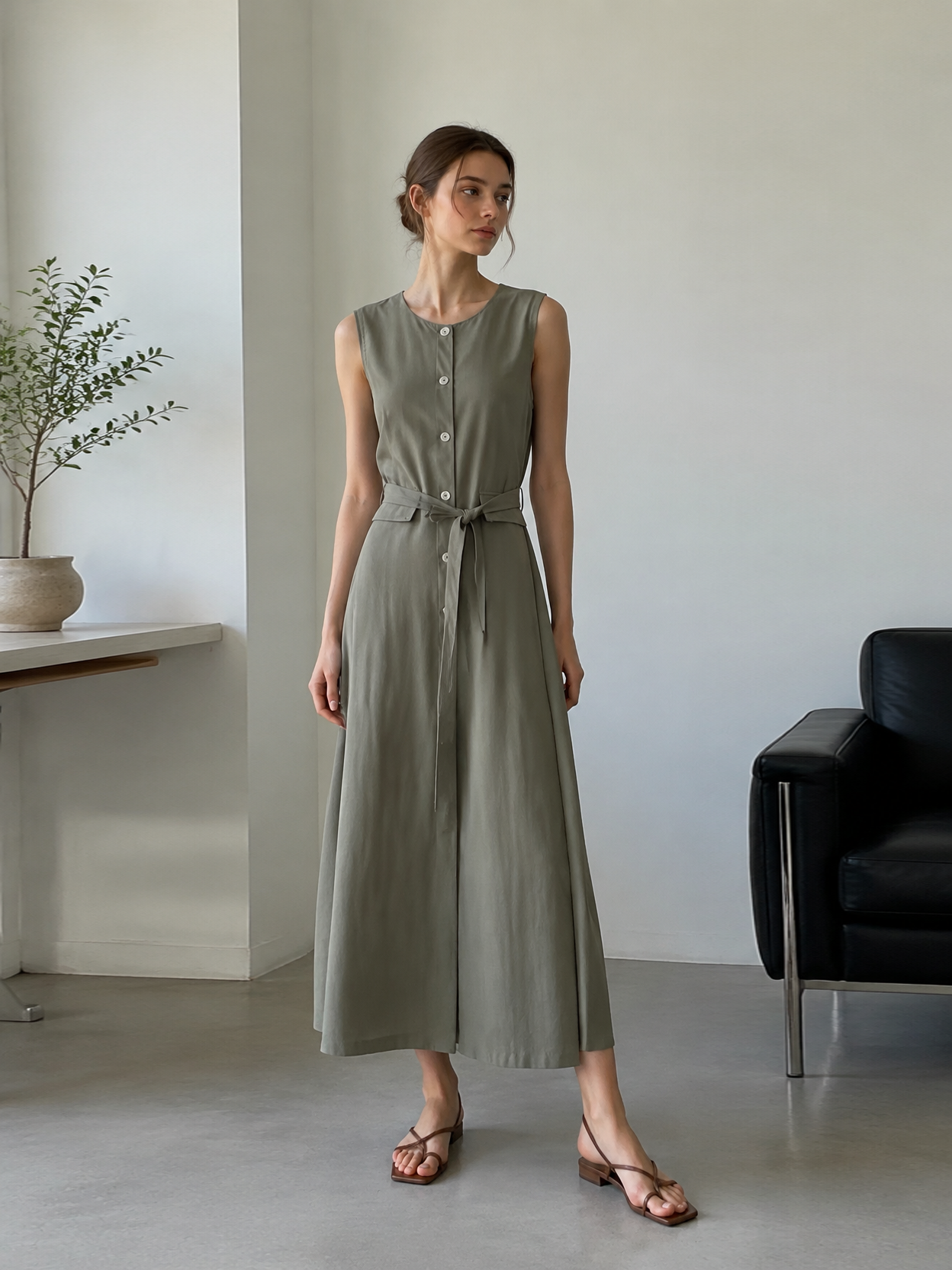 Quiet Luxury Linen Look Sleeveless Button Down Midi Dress with Belt AN-121011
