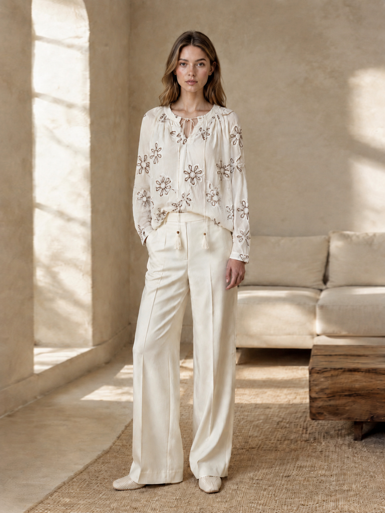 Boho Embroidered Long Sleeve Tunic with Tie-Neck AN-121024