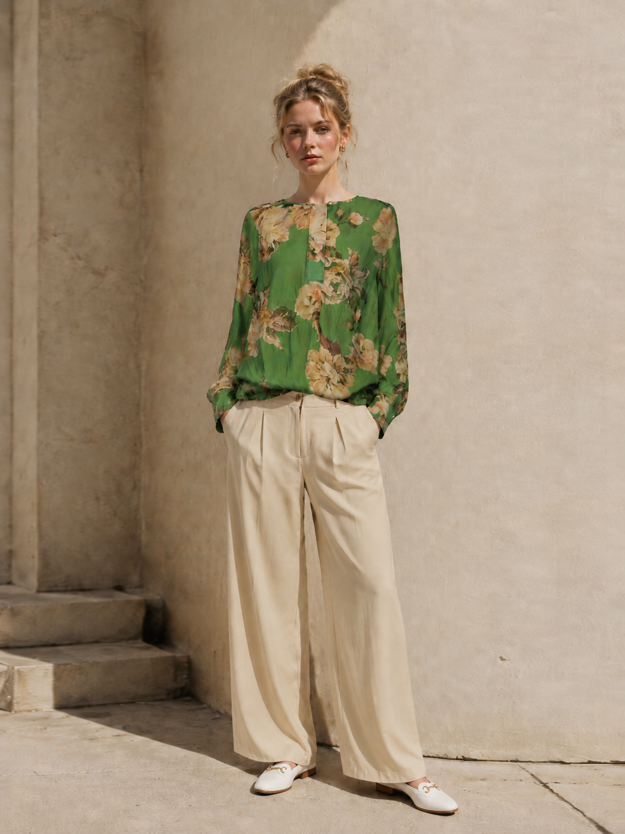 Minimalist Floral Print Long Sleeve Blouse - Premium Linen Look AN-620018