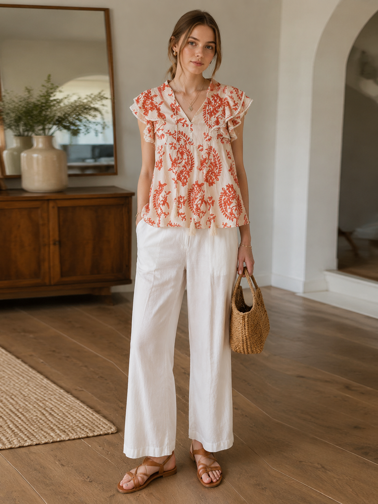 Boho Beige Paisley Print Blouse - Ruffle Sleeve Relaxed Fit Top  AN-710027