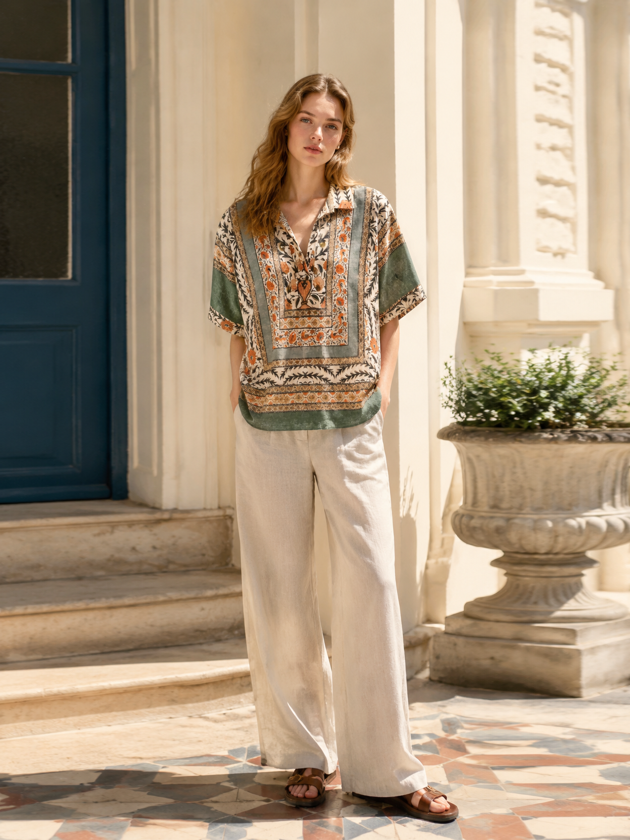 Boho Scarf Print V-Neck Camp Collar Relaxed Shirt AN-620049