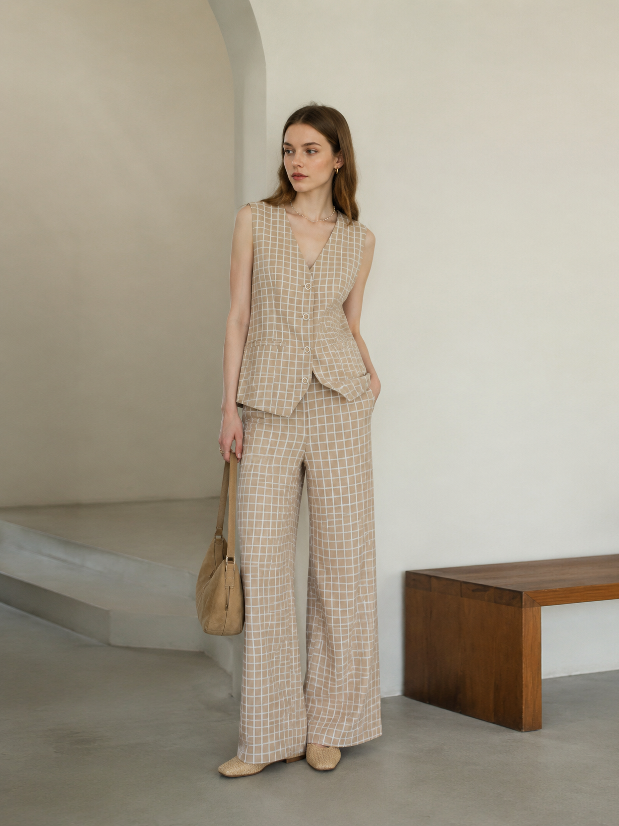 Minimalist Grid Print V-Neck Layering Vest AN-710012