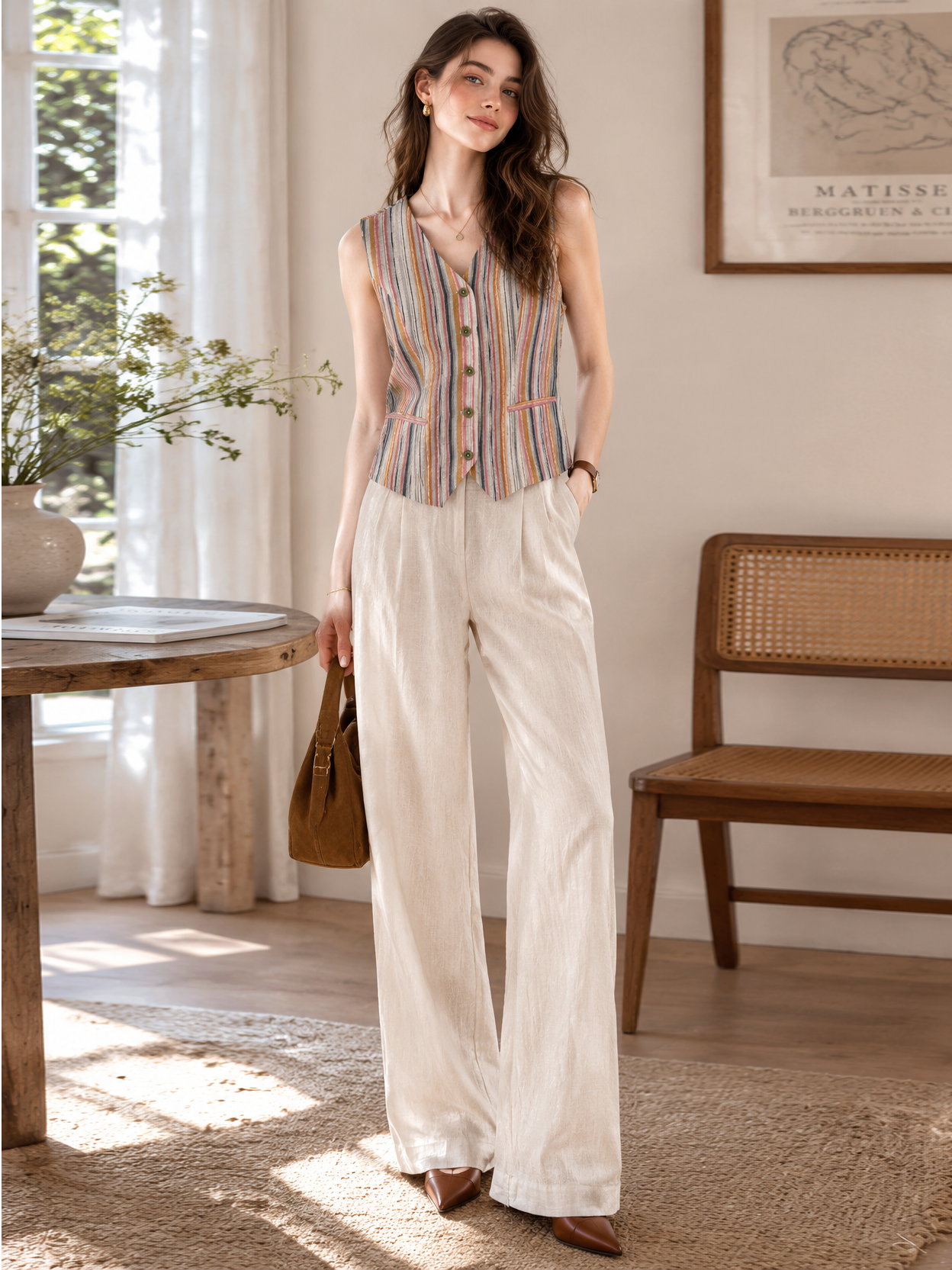Oriental Style Multicolor Stripe Suit - V-Neck Vest & High Waist Trousers D-42125