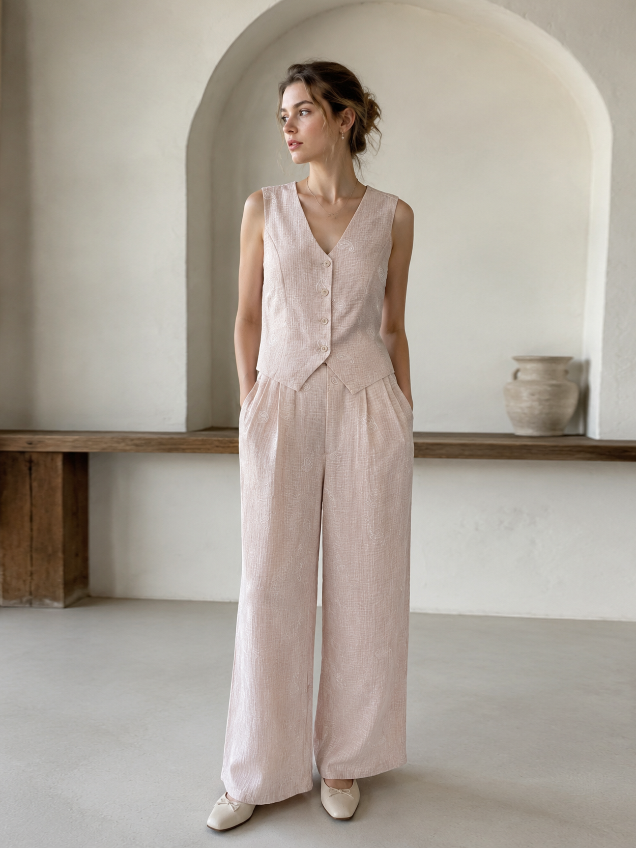 Paisley Embroidered High-Waisted Linen Pants AN-710029