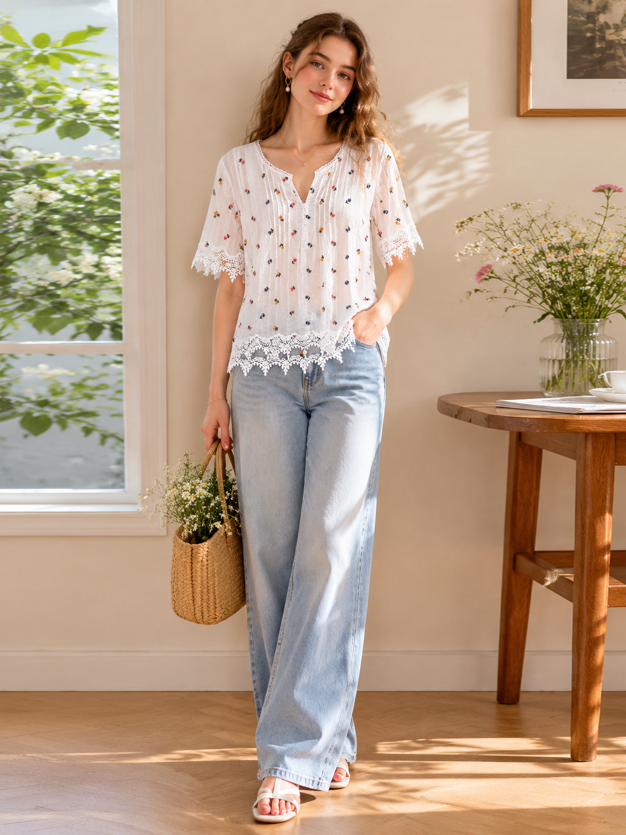 Minimalist White Floral Embroidered Lace Trim Top AN-750005