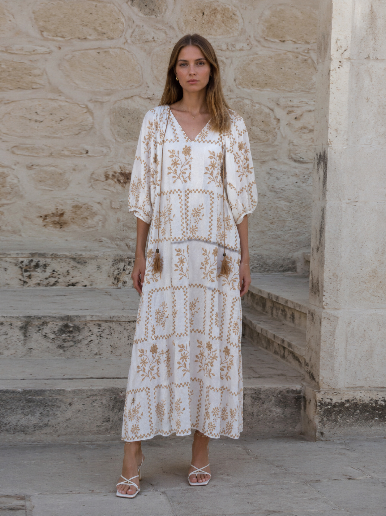 Minimalist Boho Floral Embroidered Maxi Dress with Tassel Neckline AN-750009