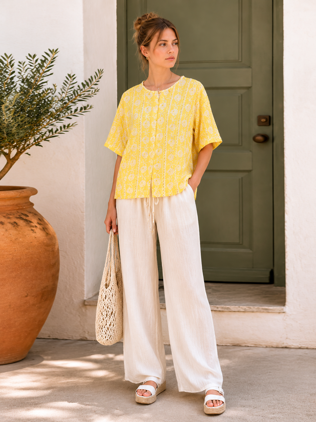 Minimalist Embroidered Eyelet Blouse with Beaded Trim AN-750013