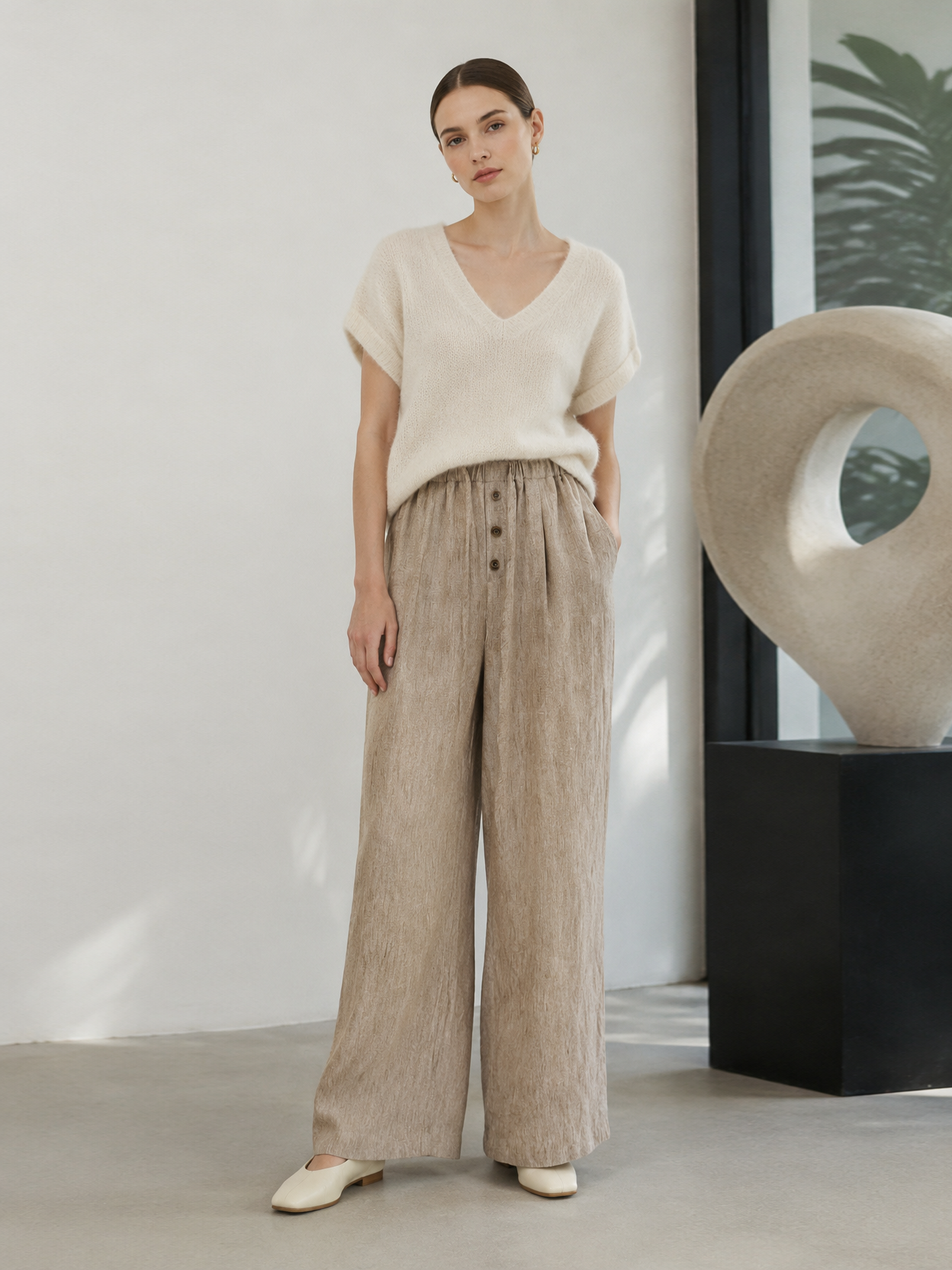 Women’s Casual Linen Elastic Waist Wide Leg Pants AN-760010