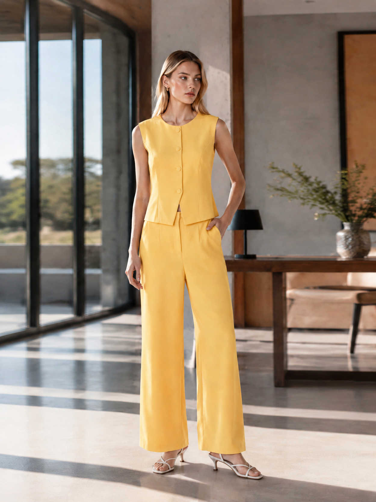Elegant Light Vest & High-Waisted Wide-Leg Pants Set LA-710009