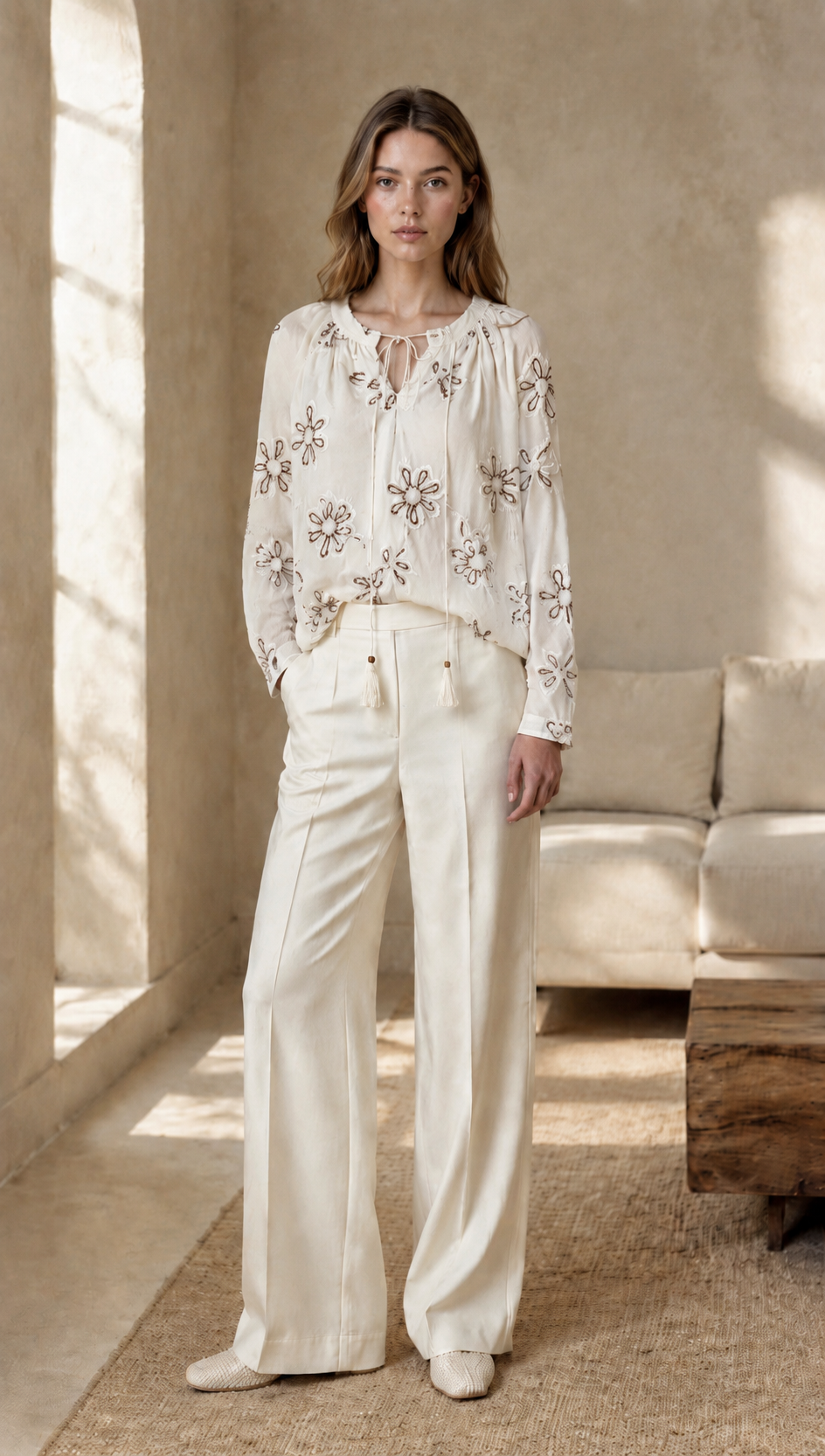 Boho Embroidered Long Sleeve Tunic with Tie-Neck AN-121024