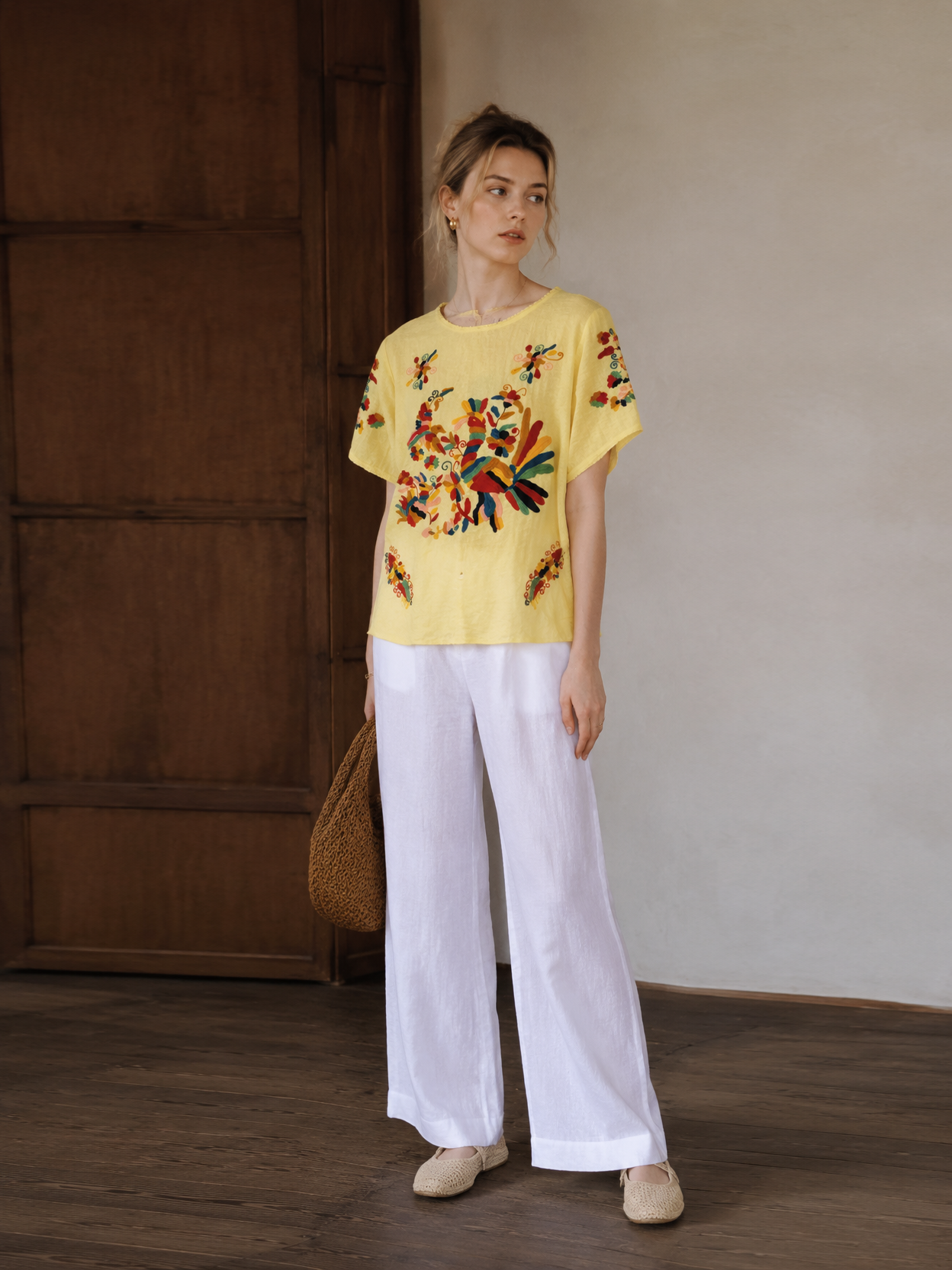 Floral Embroidered Boho Blouse with Lace Trim LA-750002