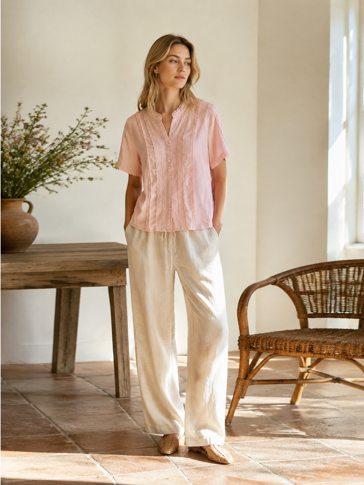 Linen-Blend Lace Trim Short-Sleeve Blouse LA-780002