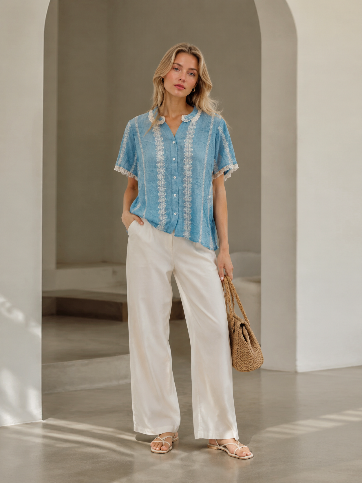 Linen-Blend Blouse with White Lace & Embroidery LA-810001