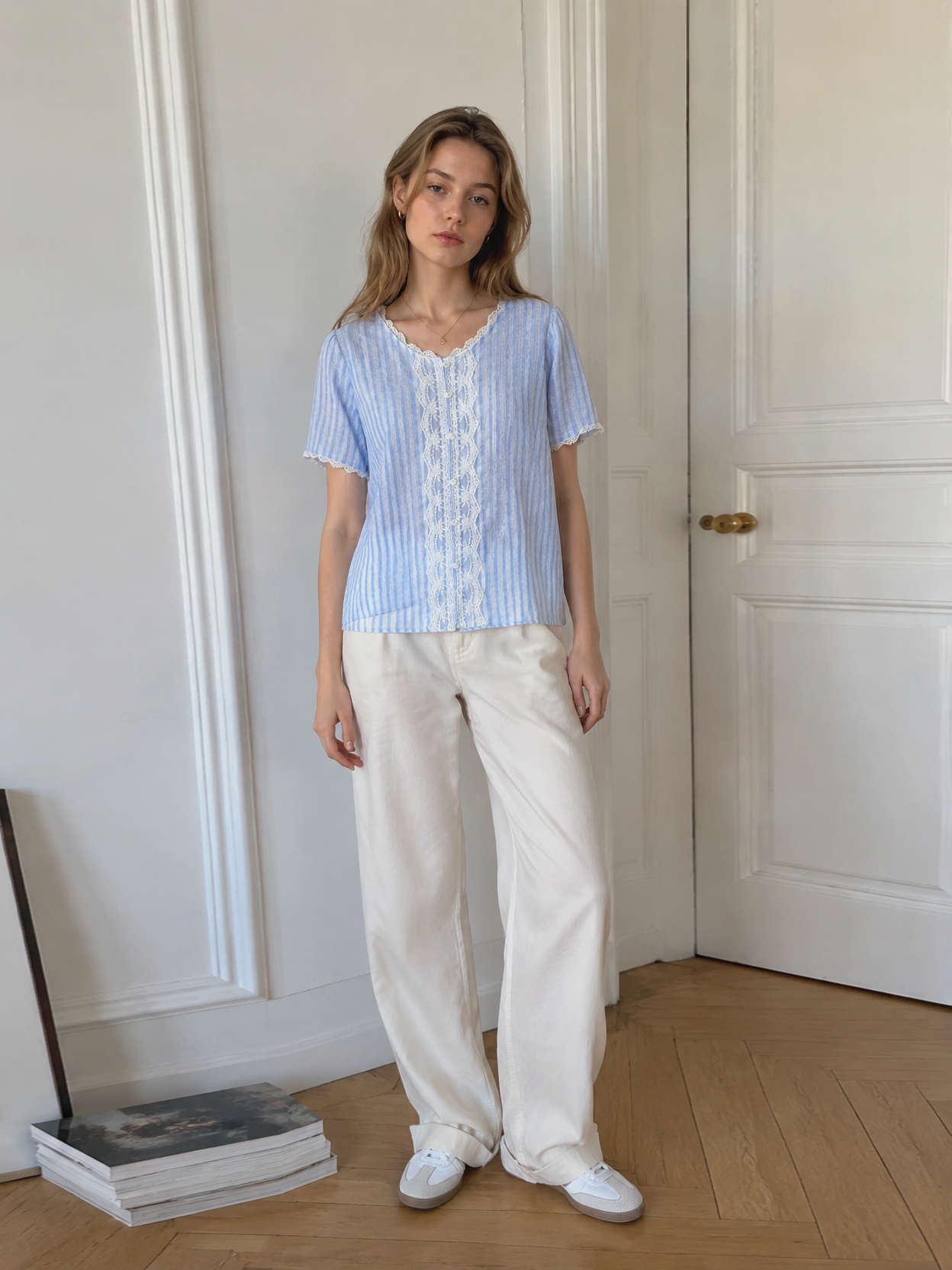 Elegant Striped Blouse with White Lace Details LA-810002