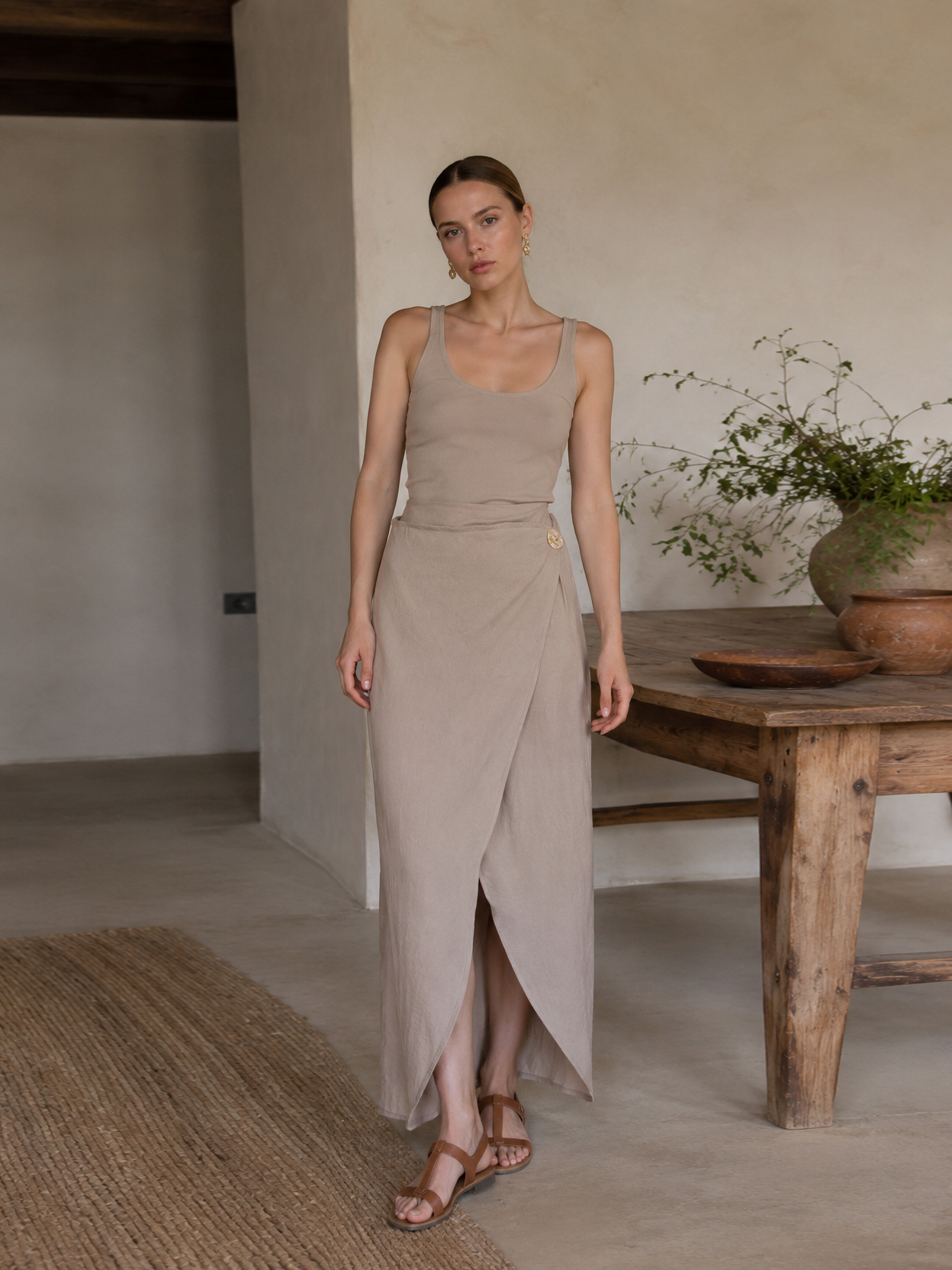 English: Minimalist Linen-Blend Wrap Midi Skirt with Asymmetrical Button AN-620037