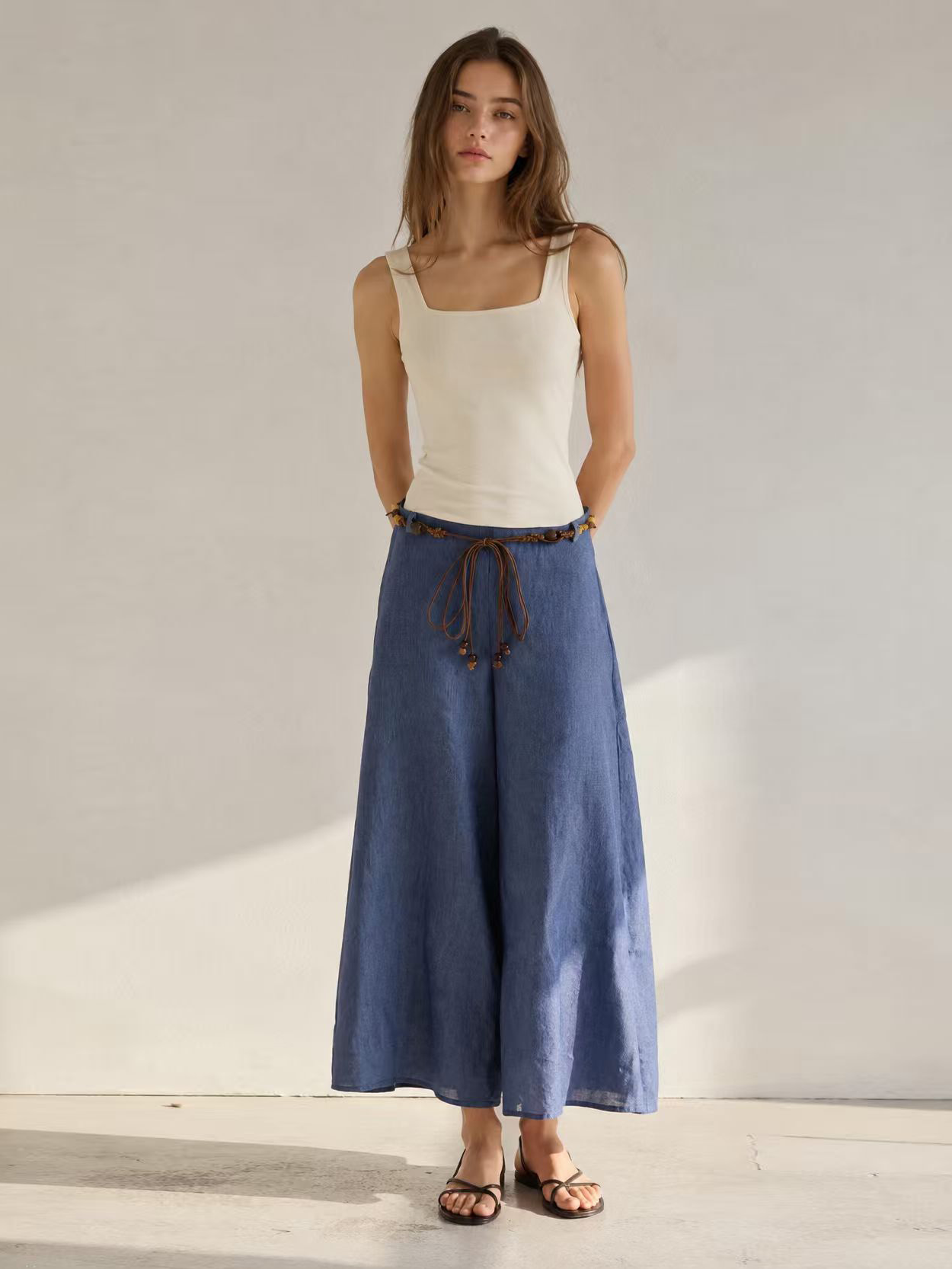 Linen-Blend A-Line Skirt with Beaded Belt AN-620050