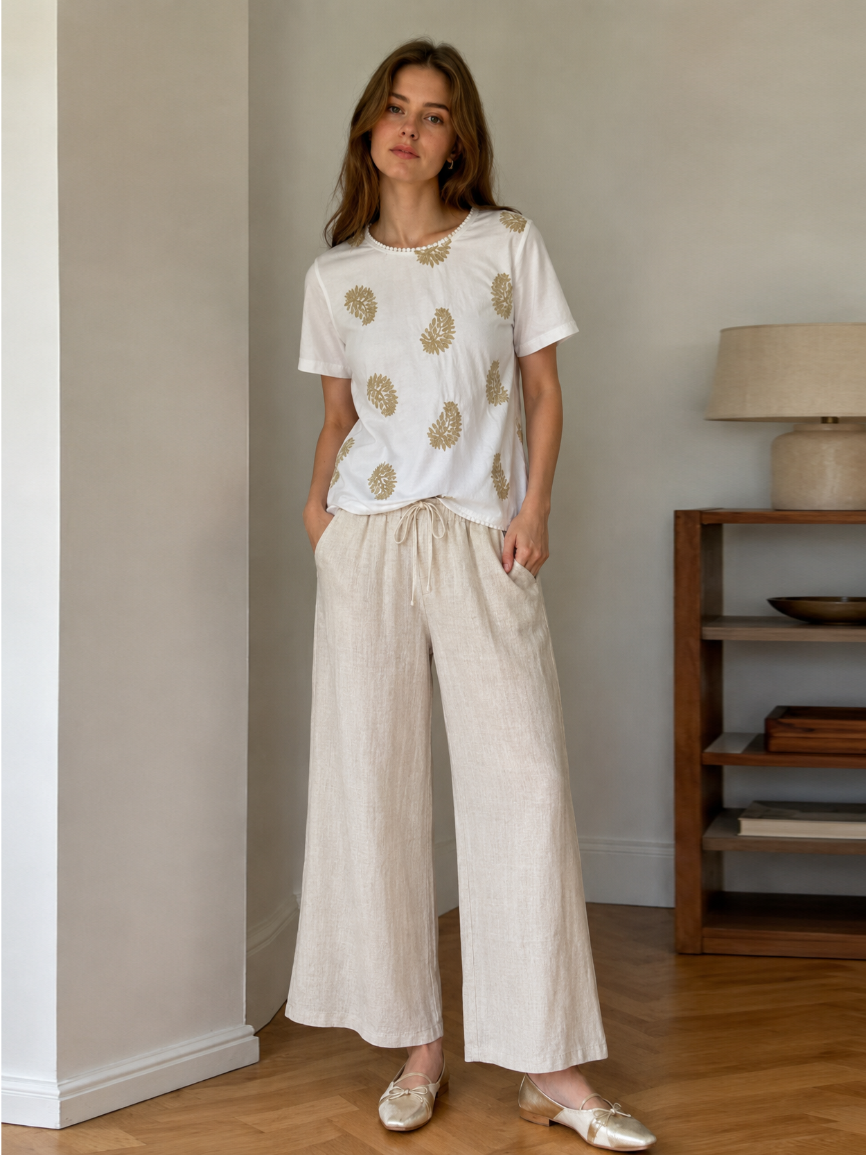 Elegant Cotton-Blend Blouse with Lace Trim AN-750004