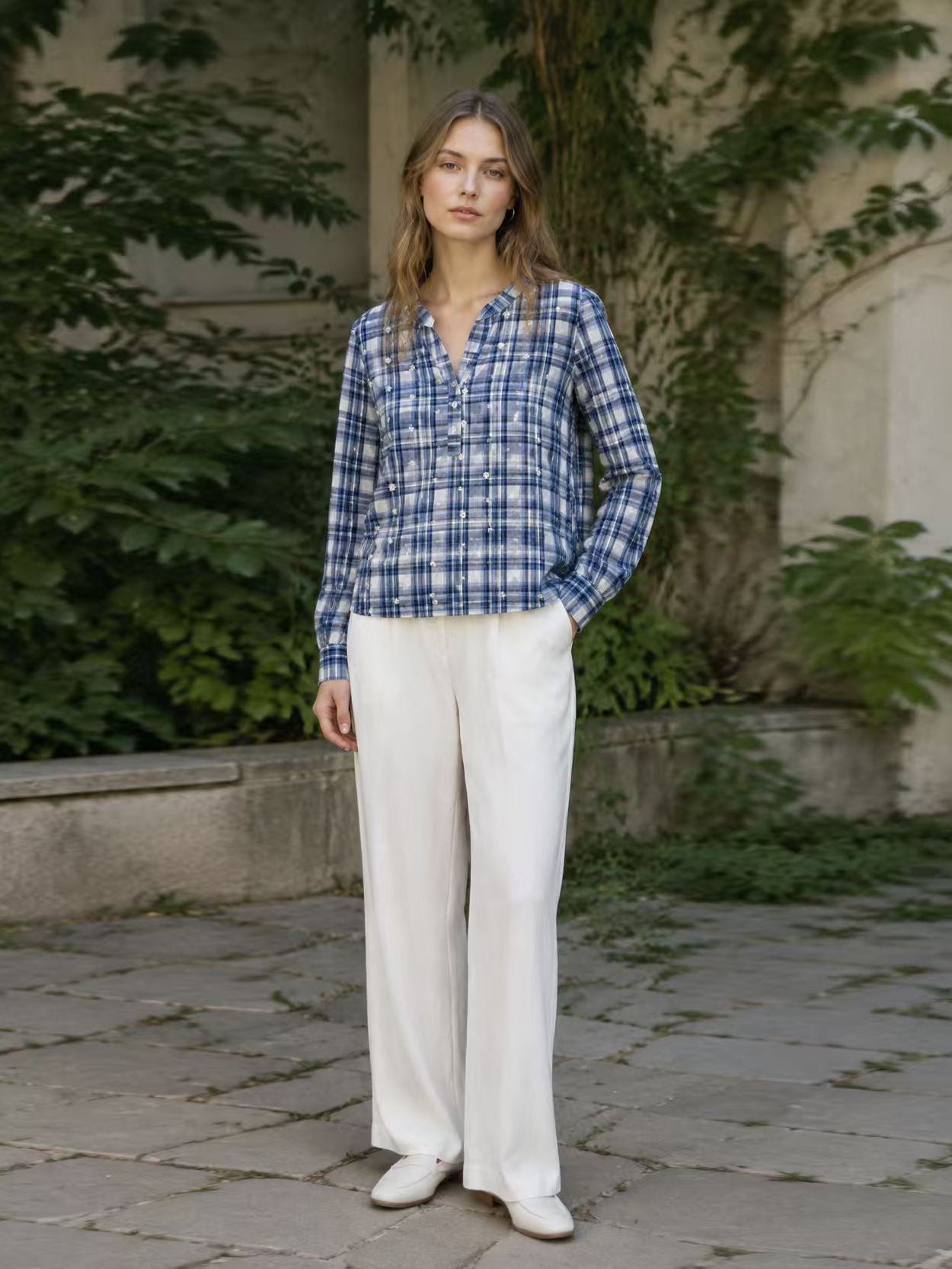 Blue & White Plaid Blouse with Floral Embroidery AN-710025