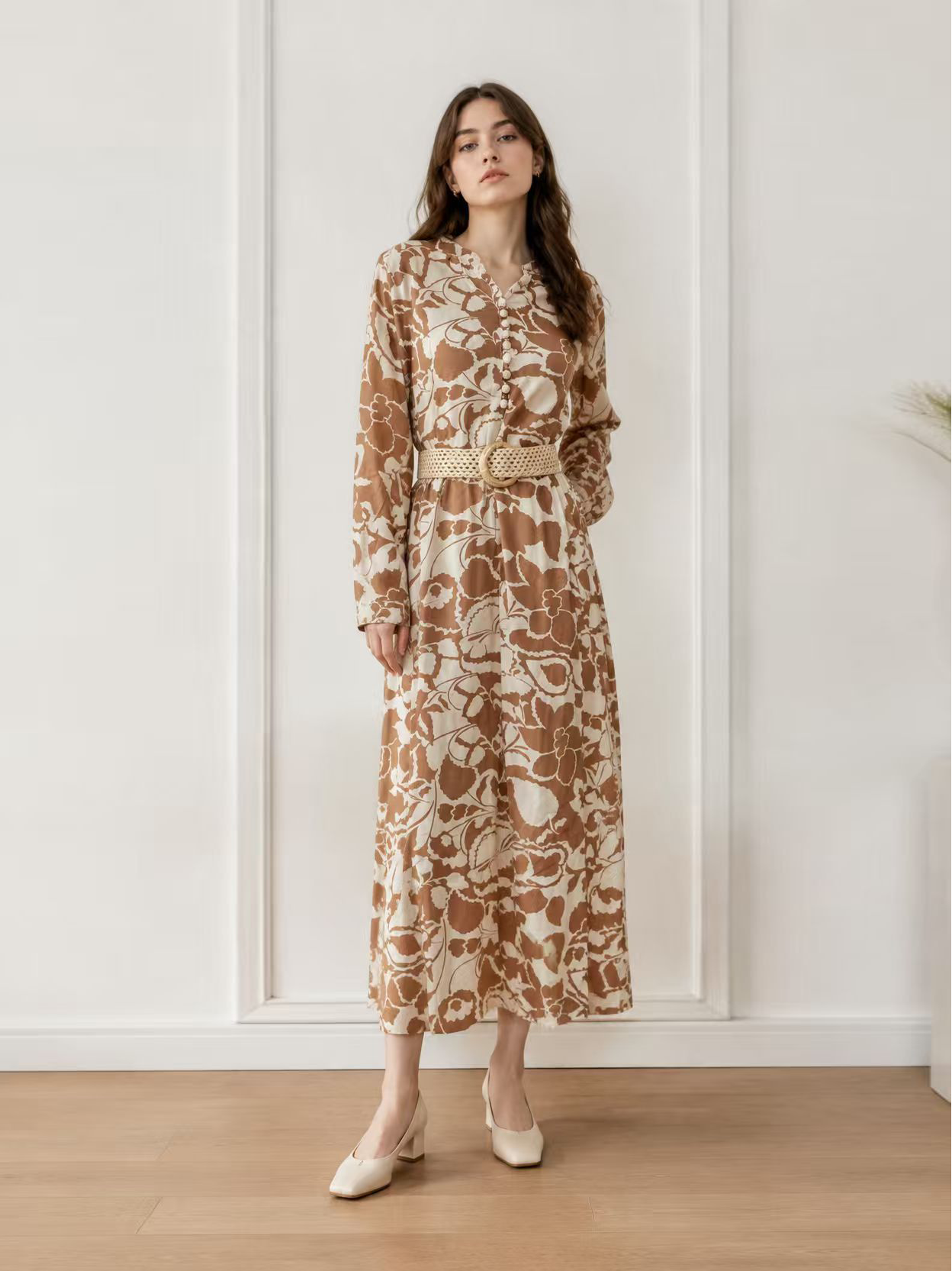 Elegant  Floral Print Midi Dress - Puff Sleeve Belted Dress AN-710026
