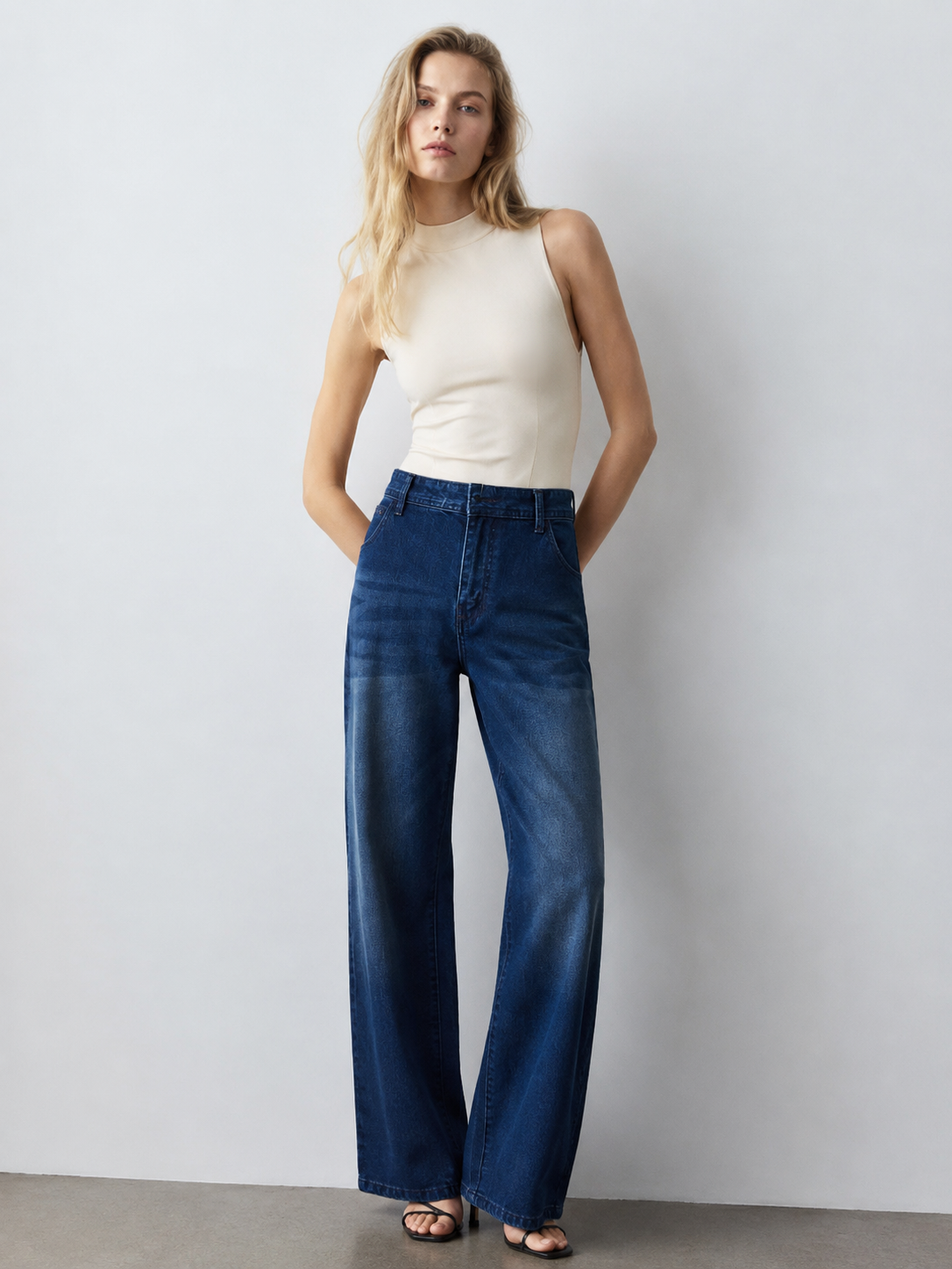 Premium Dark Blue Straight Jeans High-Rise Slimming Fit Denim Pants ZY5023