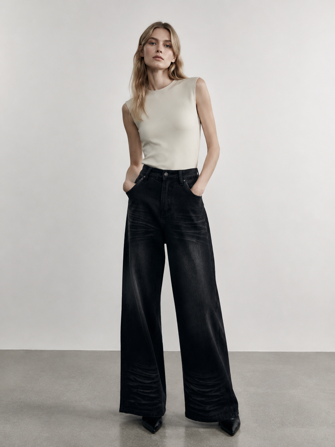 Retro 90s Style High Waist Wide Leg Jeans Washed Grey Relaxed Fit Denim ZY6022