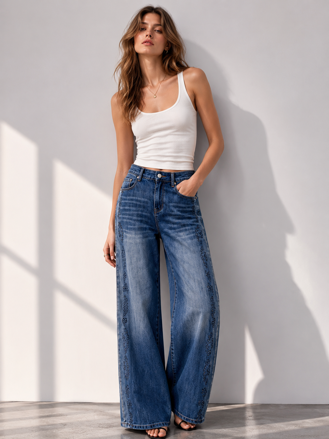Boho Chic Laser Printed Wide Leg Jeans High Waist Side Pattern Statement Denim ZY6029