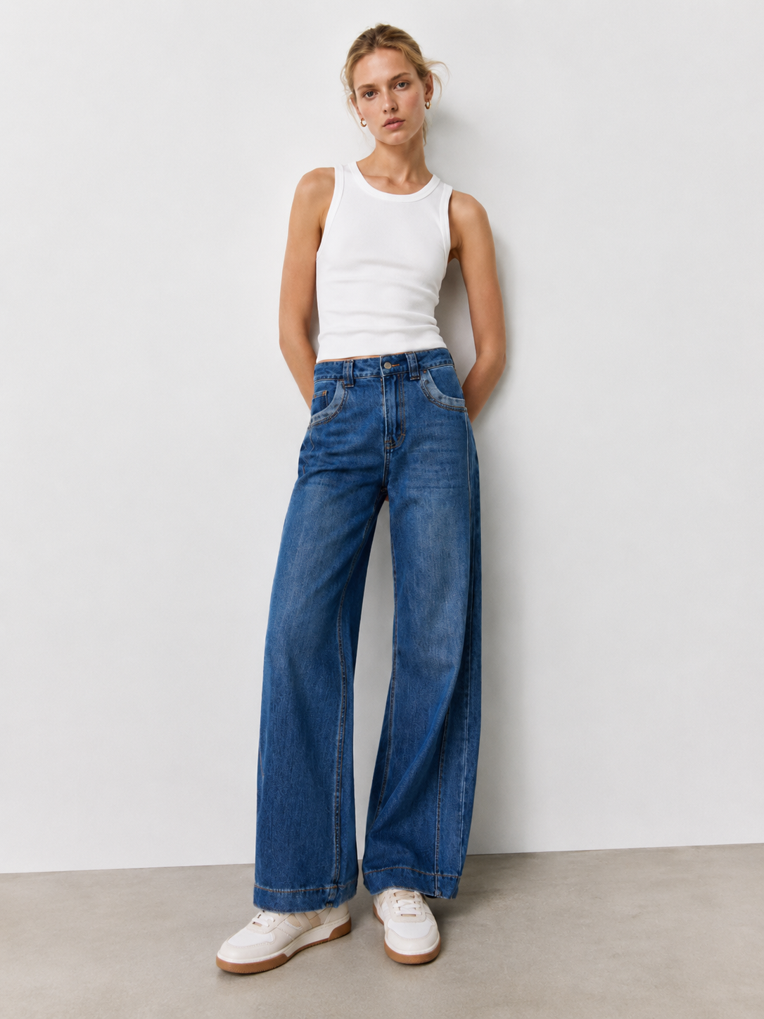 Women's Baggy Wide Leg Denim Jeans | Vintage Washed Contrast Pocket Street Style – OEM Wholesale ZY6030