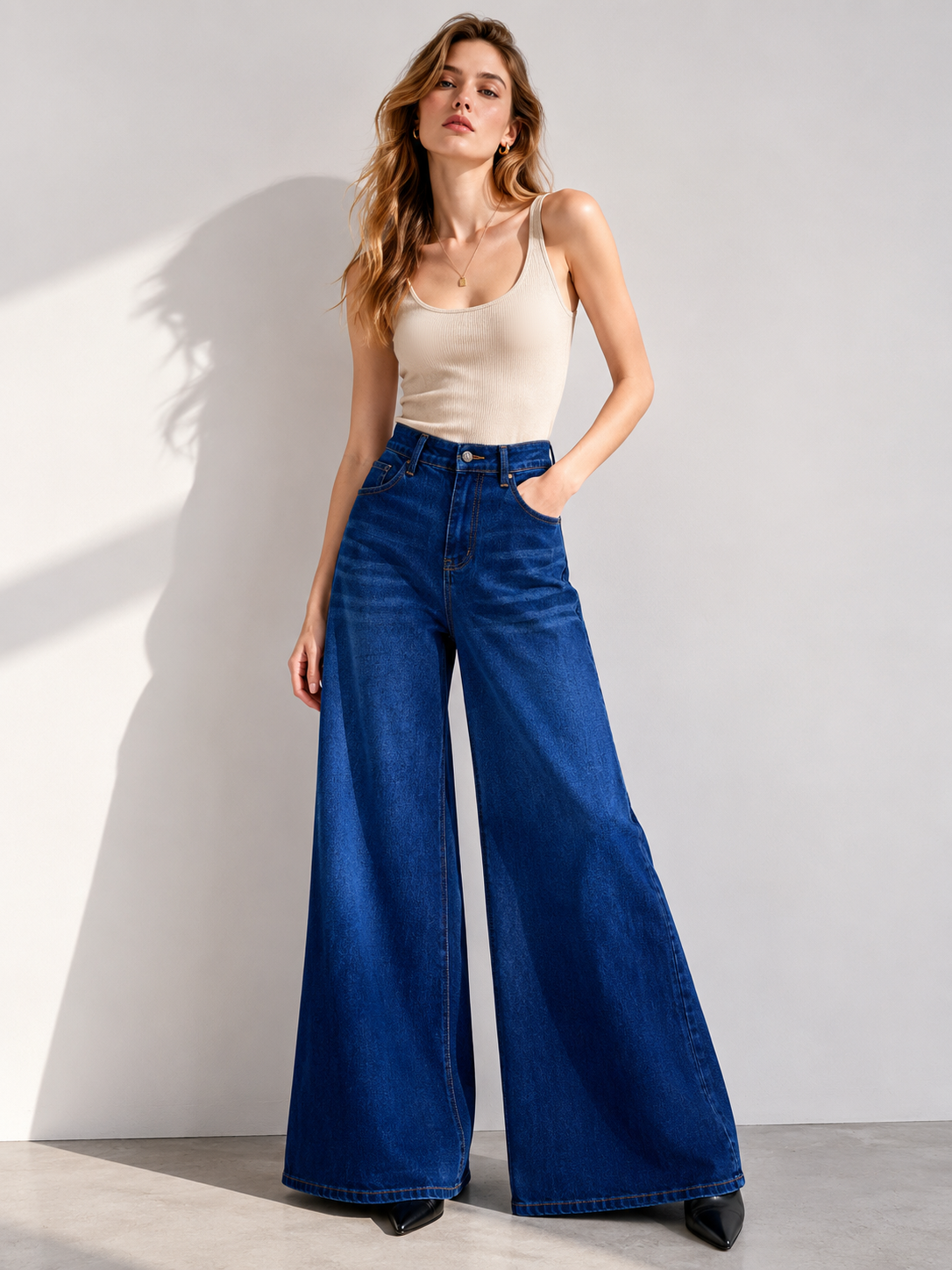 Women's High Waisted Wide Leg Deep Blue Denim Jeans ZY6059