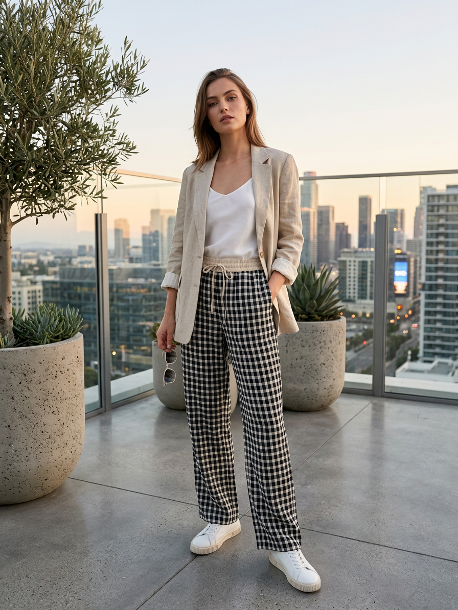Women’s Gingham Drawstring Wide Leg Pants AN-620061