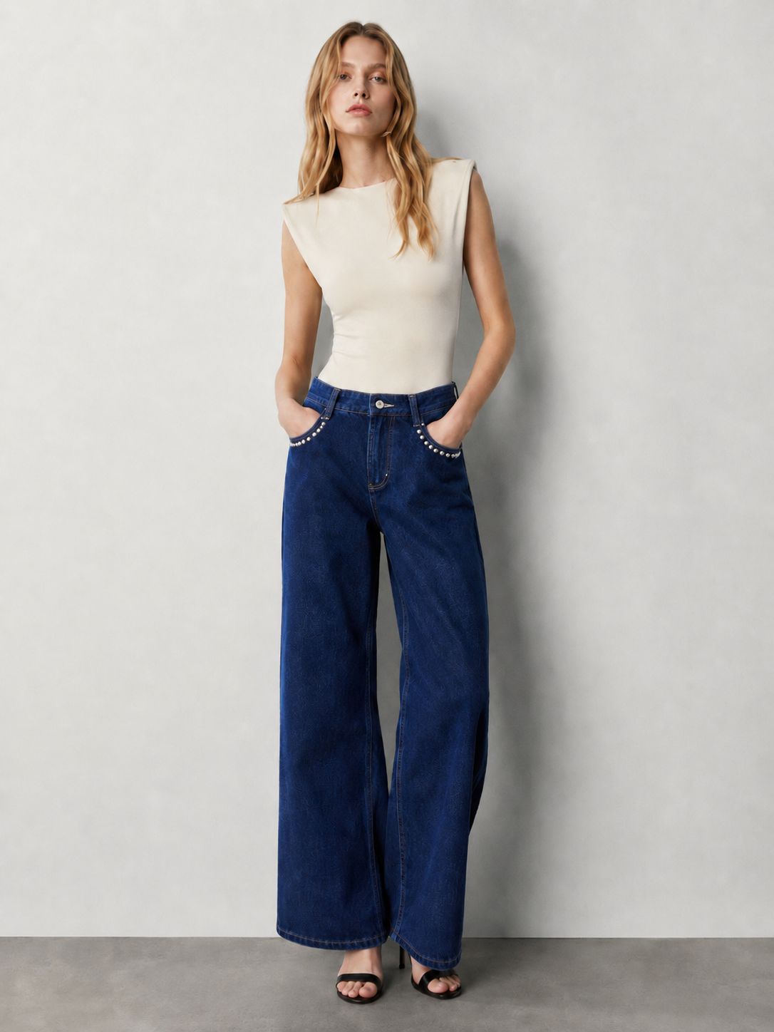 Women's Dark Blue High Rise Wide Leg Jeans with Rhinestone Detail ZY6064